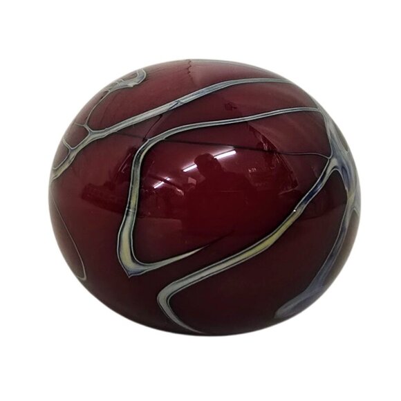 3" Dark Red Paperweight Art Glass Sphere Silver Abstract Signed J Bryon - Picture 4 of 10
